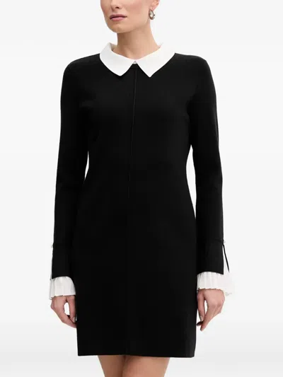 Morgan Pleated-cuff Collared Mini Dress In Black