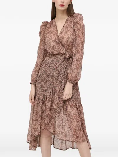 Morgan Puff-sleeve Ruffled Midi Dress In Brown