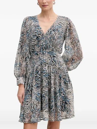 Morgan Resky Feather-print V-neck Mini Dress In Blue
