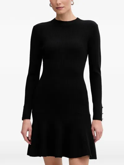 Morgan Ribbed-knit Button-cuff Mini Dress In Black