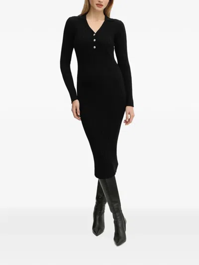 Morgan Ribbed-knit Button-up Midi Dress In Black