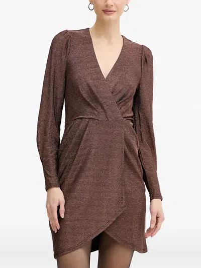 Morgan Rnino Metallic-effect Wrap-style Mini Dress In Brown