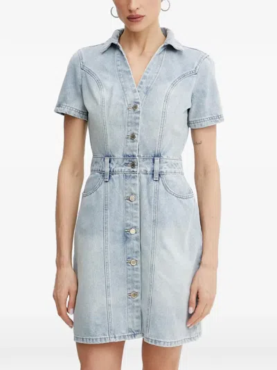 Morgan Rogla Button-up Short-sleeve Mini Dress In Blue