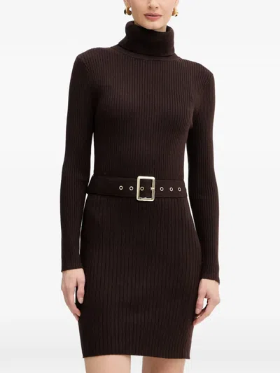 Morgan Roll-neck Belted Mini Dress In Brown