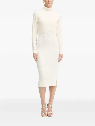 Morgan Roll-neck Ribbed Midi Dress In Neutral