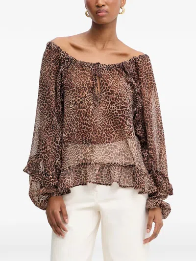Morgan Ruffled Animal Print Top In Brown