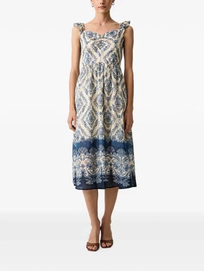 Morgan Ruffled Damask-print Midi Dress In Blue