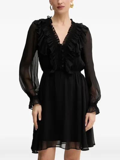 Morgan Ruffled Long-sleeve Mini Dress In Black