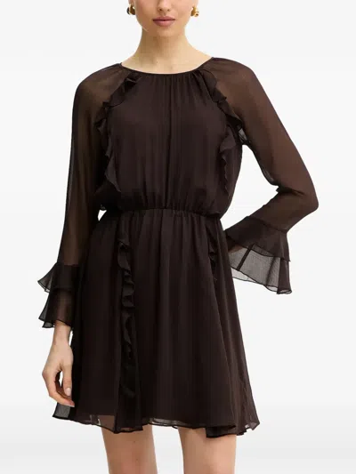 Morgan Ruffled Long-sleeve Mini Dress In Brown