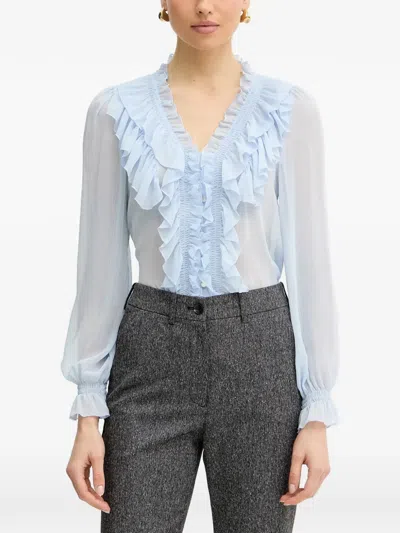 Morgan Ruffled Shirred Blouse In Blue