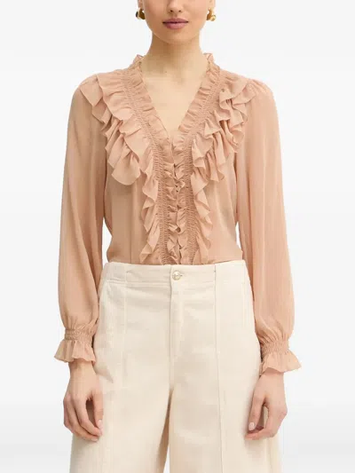 Morgan Ruffled V-neck Top In Neutral