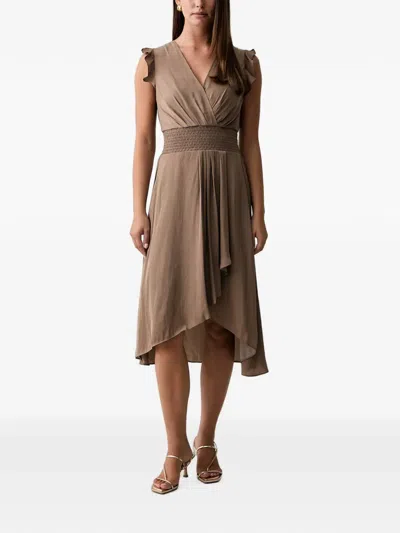 Morgan Rwally Ruffled Smocked-waist Midi Dress In Brown