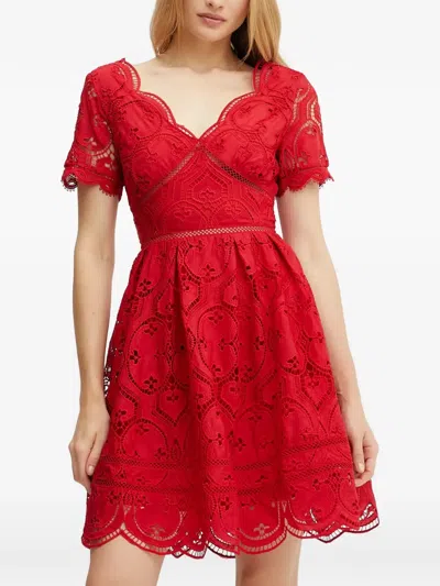 Morgan Scalloped-trim V-neck Mini Dress In Red