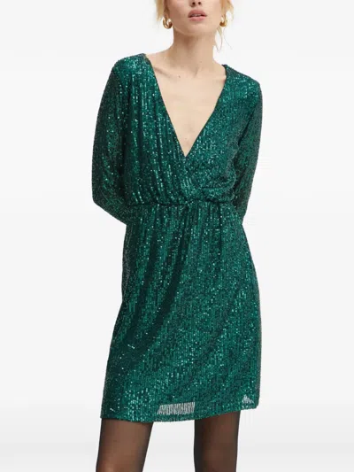 Morgan Sequin-embellished Wrap-front Mini Dress In Green