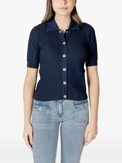 Morgan Short-sleeve Collared Cardigan In Blue