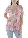 Morgan Taylor Womens Floral Print Scoop Neck Peplum Top In Pink