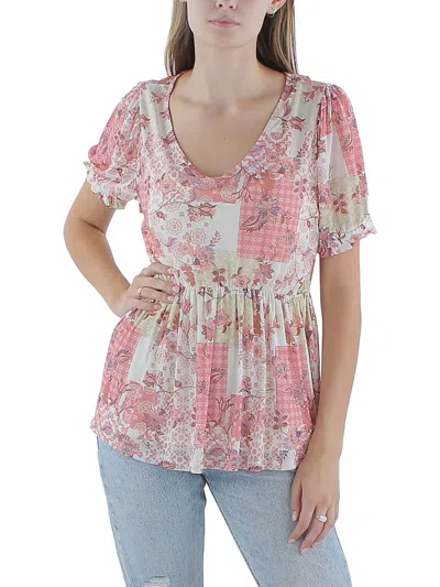 Morgan Taylor Womens Floral Print Scoop Neck Peplum Top In Pink