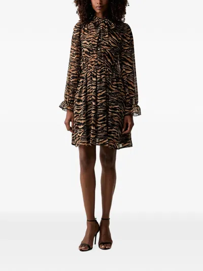 Morgan Tiger-print Pussy-bow Mini Dress In Black