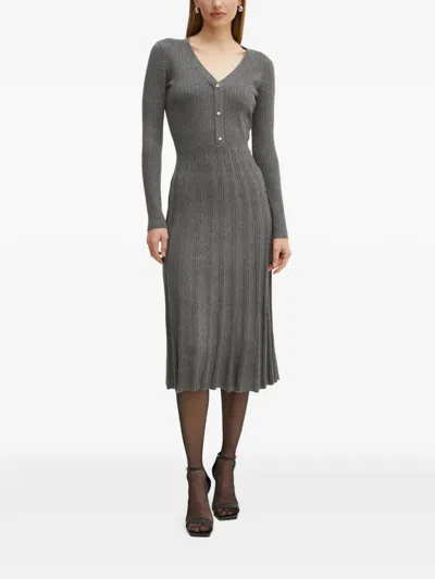 Morgan V-neck Button Midi Dress In Gray