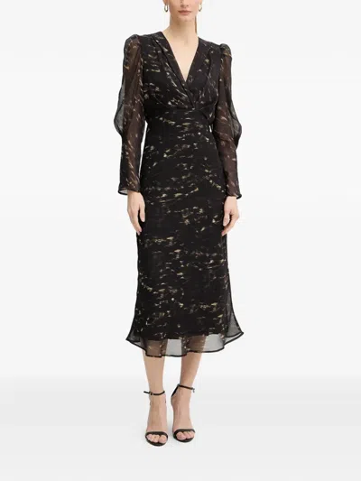 Morgan V-neck Puff Sleeve Midi Dress In Black