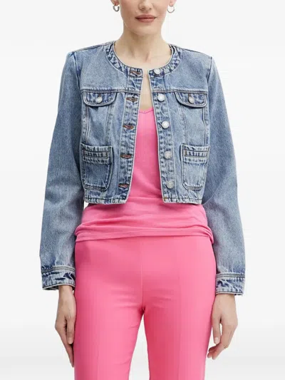 Morgan Vcharme Collarless Cropped Denim Jacket In Animal Print