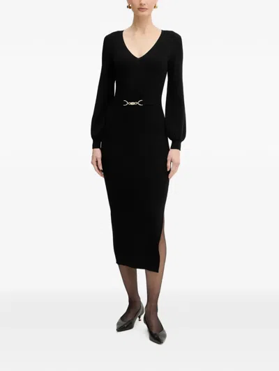 Morgan V-neck Belted Midi Dress In Black