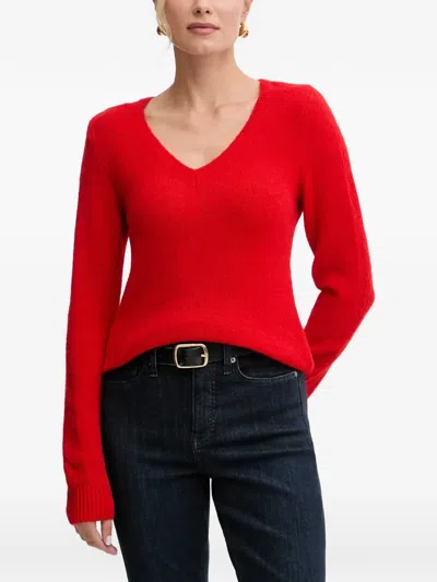 Morgan V-neck Pointelle-knit Sweater In Red