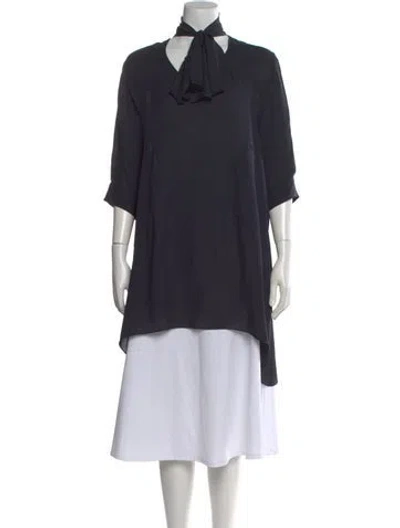 Pre-owned Morgane Le Fay Silk Tie Neck Top In Blue