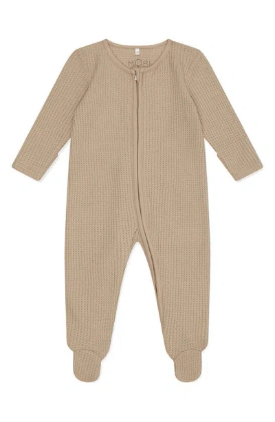 Mori Kids'  Clever Zip Waffle Fitted One-piece Footie In Sesame