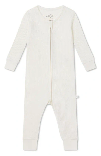Mori Kids'  Clever Zip Waffle Fitted One-piece Pajamas In Ecru