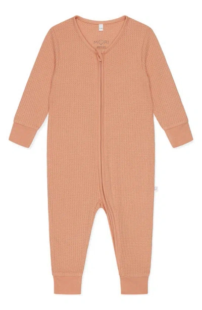 Mori Clever Zip Waffle Fitted One-piece Pajamas In Peach