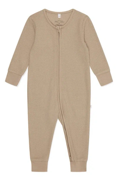 Mori Kids'  Clever Zip Waffle Fitted One-piece Pajamas In Sesame