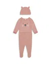 Mori Girls' Little Kitty Bodysuit, Footed Leggings & Hat Set - Baby In Rose