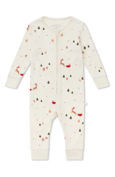 Mori Print Fitted One-piece Pajamas In Tofu Christmas Print