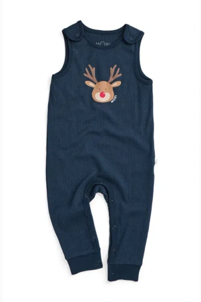 Mori Kids'  Ribbed Reindeer Romper In Blue