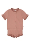 Mori Babies'  Ruffle Short Sleeve Rib Cardigan & Shorts Set In Rose Frill
