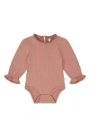 Mori Ruffle Trim Long Sleeve Rib Bodysuit In Rose Frill