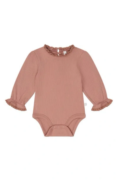 Mori Babies'  Ruffle Trim Long Sleeve Rib Bodysuit In Rose Frill