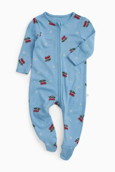 Mori Kids'  Snowy Car Two Way Zip-up Sleepsuit In Blue