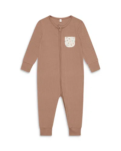 Mori Unisex Ribbed Bear Pocket Two Way Zip Up Romper - Baby In Brown
