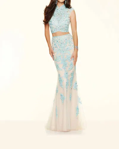 Morilee Beaded Lace Gown In Aqua/nude In Blue