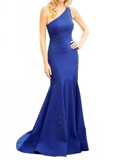 Morilee Beaded Lace One Shoulder Gown In Sapphire In Blue