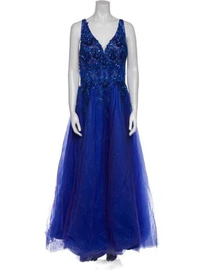 Pre-owned Morilee By Madeline Gardner Printed Long Dress In Blue