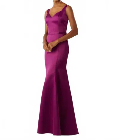 Morilee Fitted Satin Bridesmaids Dress With Removable Floral Detail In Mulberry In Purple