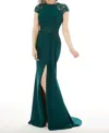 MORILEE MGNY - FIT AND FLARE EVENING GOWN WITH BEADING ON CREPE IN EMERALD