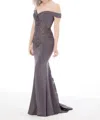 Morilee Off Shoulder Crepe Evening Gown In Charcoal In Pink