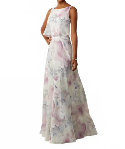 Morilee Printed Chiffon Full Length Bridesmaid Dress In White / Smoke