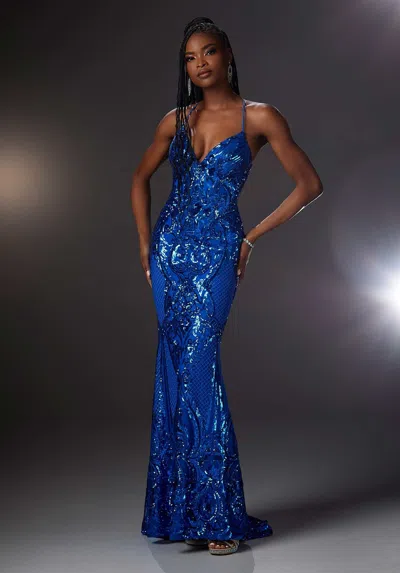 Morilee Prom 43032 Long Fitted Formal Pattern Prom Dress In Blue