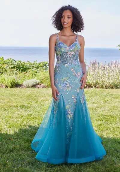 Morilee Prom 49130 Long Floral Beaded Mermaid Prom Dress In Blue