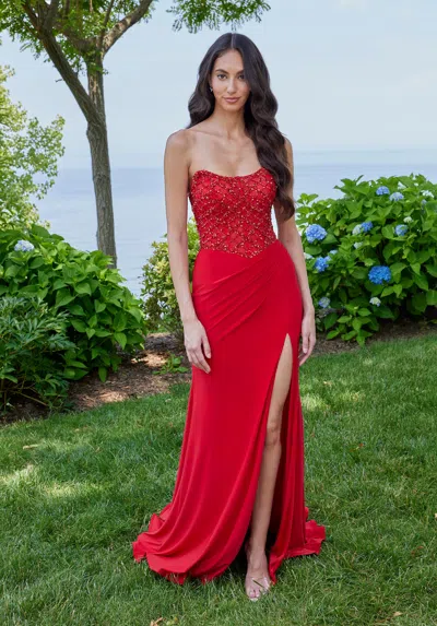 Morilee Prom 49151 Long Slit Formal Prom Beaded Dress In Red